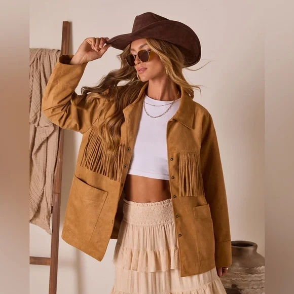 VICI Even Ember Suede Fringe Jacket in Camel, Size Small - Picture 5 of 12